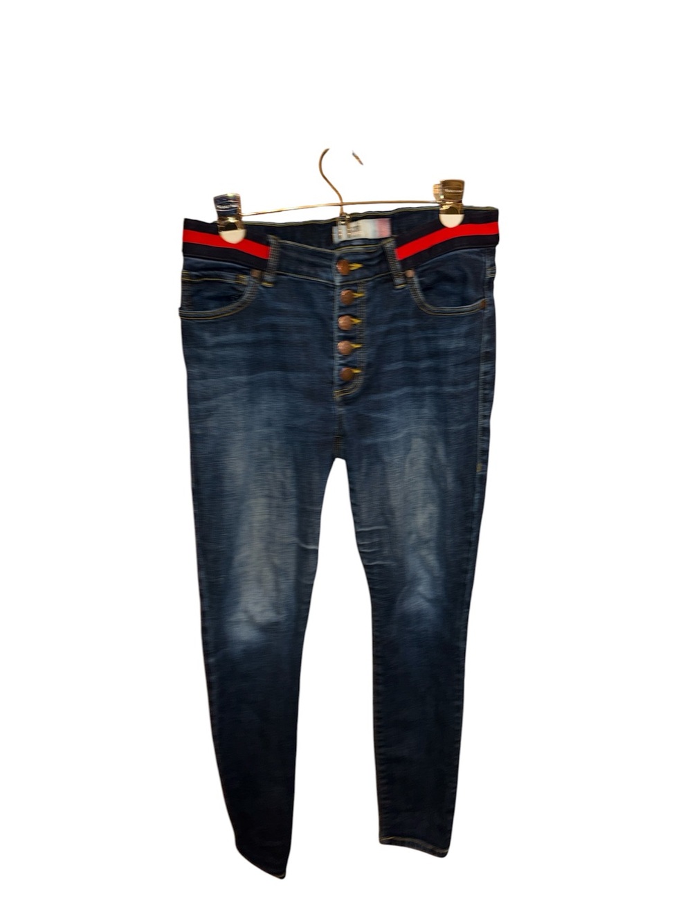 CAbi Dark Blue Skinny Jeans with Red Waistband Accent